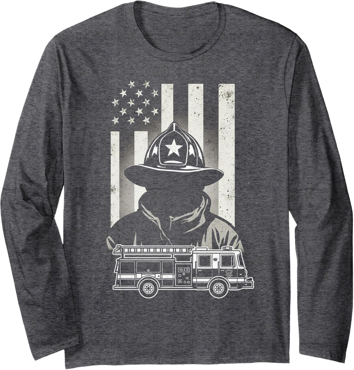 Firefighter American Flag Fire Truck First Responder Graphic Long Sleeve T-Shirt - Adult Unisex Dark Heather Grey