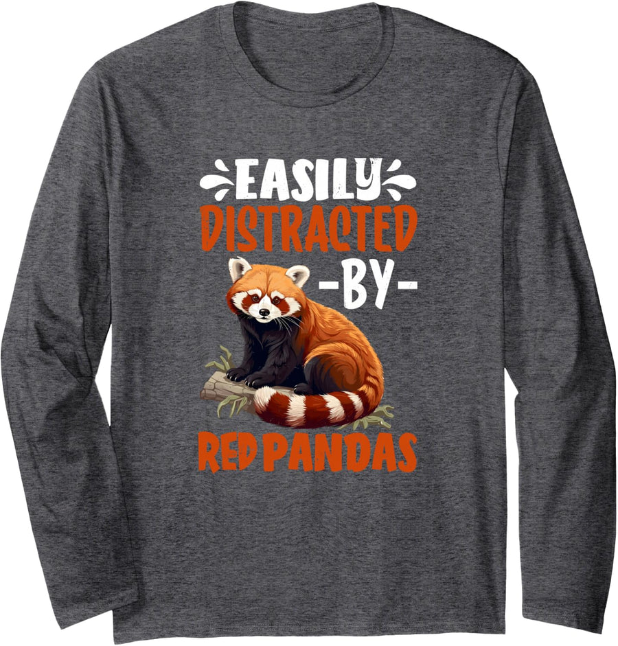 Easily Distracted By Red Pandas Funny Red Panda Long Sleeve T-Shirt - Adult Unisex Dark Heather Grey