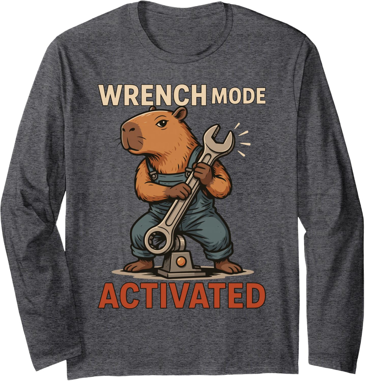 Wrench Mode Activated Capybara Mechanic Garage Humor Long Sleeve T-Shirt - Adult Unisex Dark Heather Grey