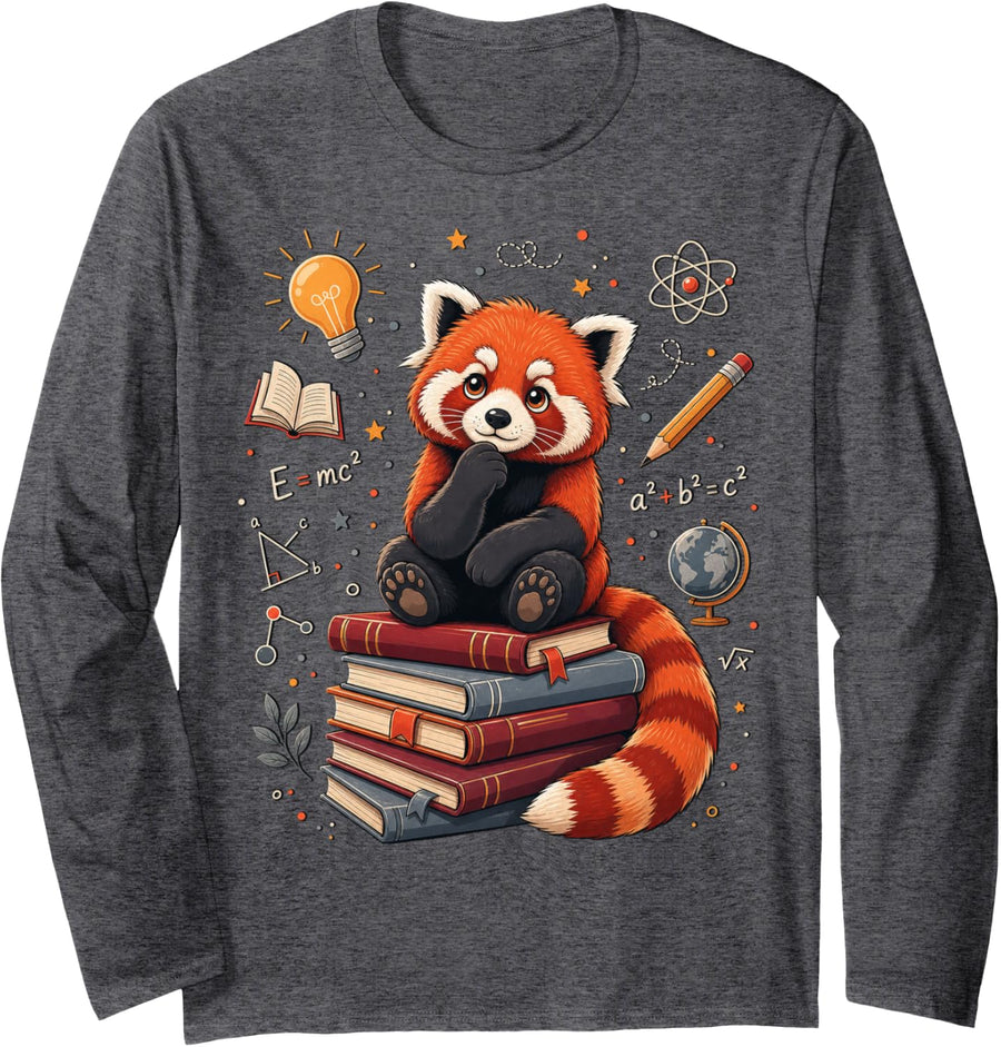 Red Panda Sitting on Stack of Books Long Sleeve T-Shirt - Adult Unisex Dark Heather Grey
