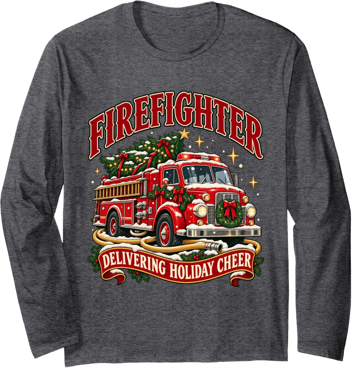 Firefighter Delivering Holiday Cheer Christmas Fire Truck Long Sleeve T-Shirt - Adult Unisex Dark Heather Grey