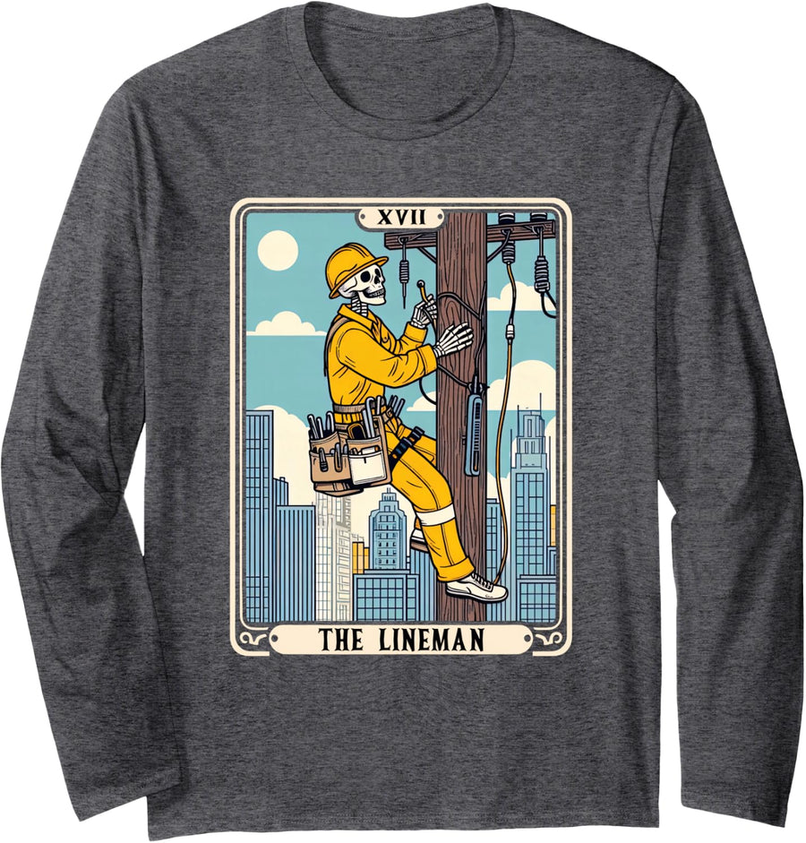 The Lineman Electrician Tarot Card Skeleton Funny Lineworker Long Sleeve T-Shirt - Adult Unisex Dark Heather Grey
