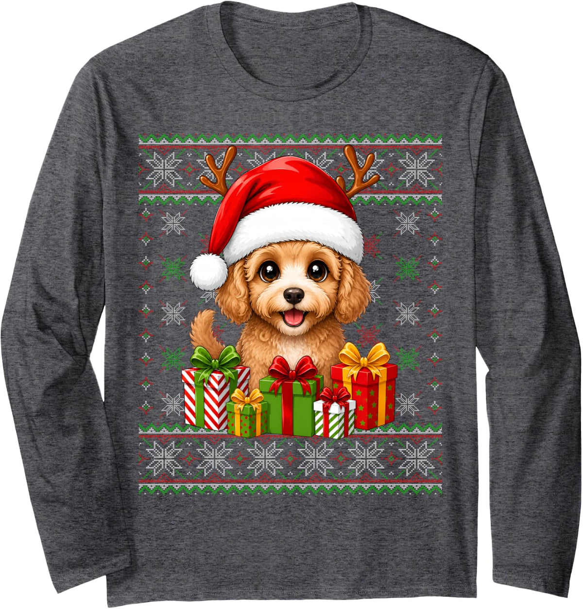Cockapoo Dog Christmas Ugly Sweaters Festive Pet Love Xmas Long Sleeve T-Shirt - Adult Unisex Dark Heather Grey