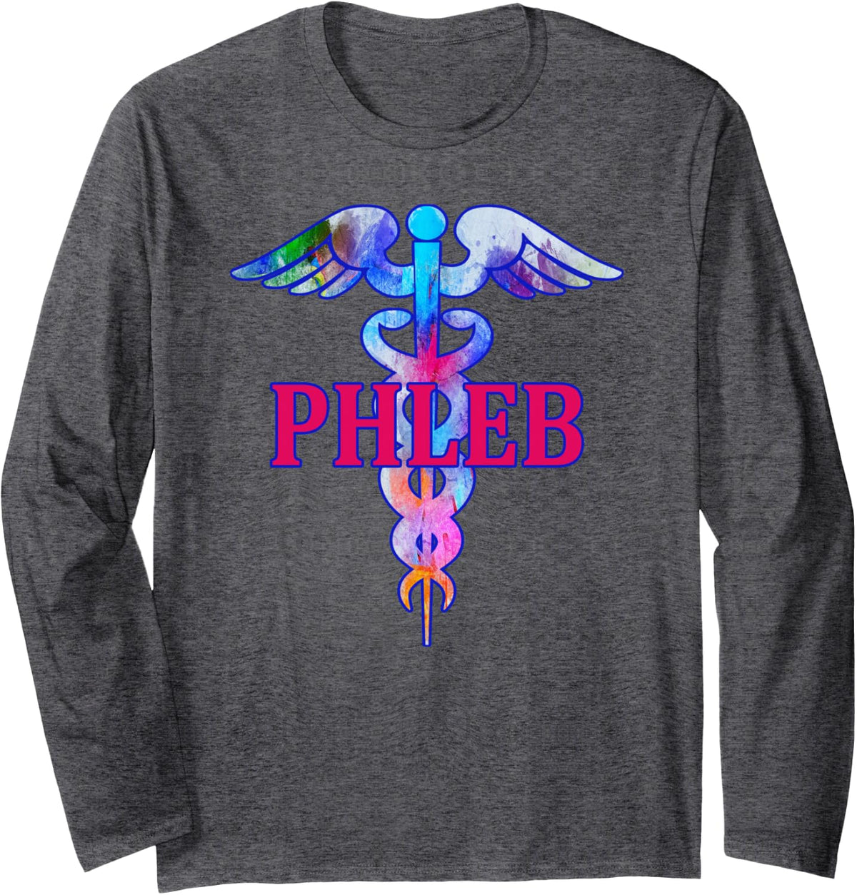 Phleb Caduceus Phlebotomist Phlebotomy Tech Medical Symbol Long Sleeve T-Shirt - Adult Unisex Dark Heather Grey