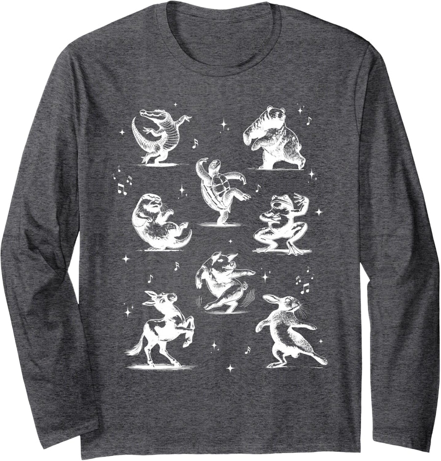 Vintage 90s Animal Dancing Dance Teacher Rabbit Pig Frog Long Sleeve T-Shirt - Adult Unisex Dark Heather Grey