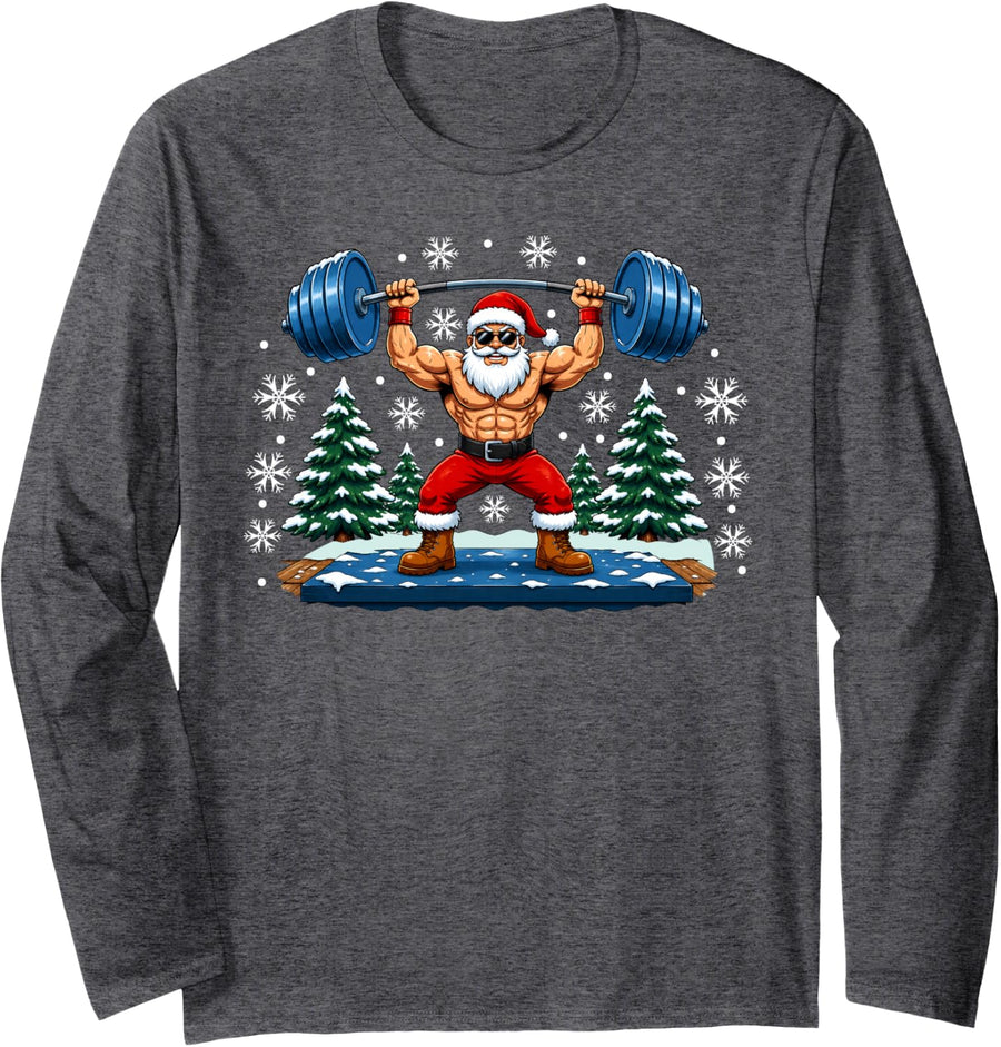 Funny Muscular Santa Weightlifting Gym Workout Christmas Long Sleeve T-Shirt - Adult Unisex Dark Heather Grey