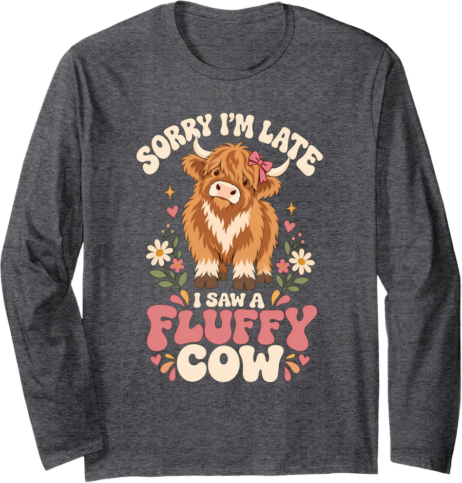 Sorry I'm Late I Saw A Fluffy Cow Cute Floral Highland Cow Long Sleeve T-Shirt - Adult Unisex Dark Heather Grey