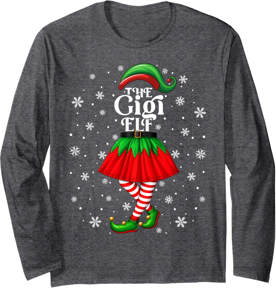 Family Matching Christmas Mom Women Girls Gigi Elf Xmas Long Sleeve T-Shirt - Adult Unisex Dark Heather Grey