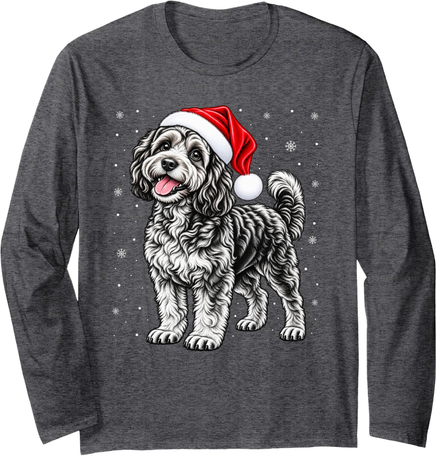 Cavapoo Dog Christmas Santa Hat Snowflakes Holiday Dog Long Sleeve T-Shirt - Adult Unisex Dark Heather Grey