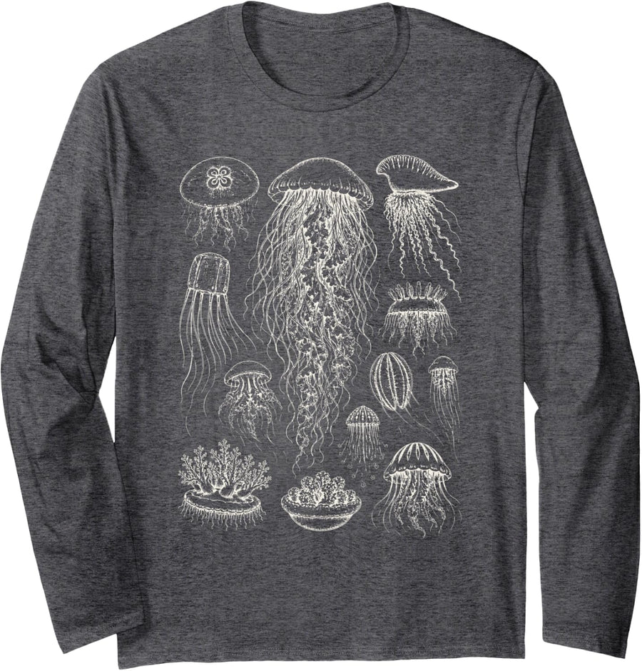 Jellyfish Collection Marine Biology Haeckel Vintage Art Long Sleeve T-Shirt - Adult Unisex Dark Heather Grey