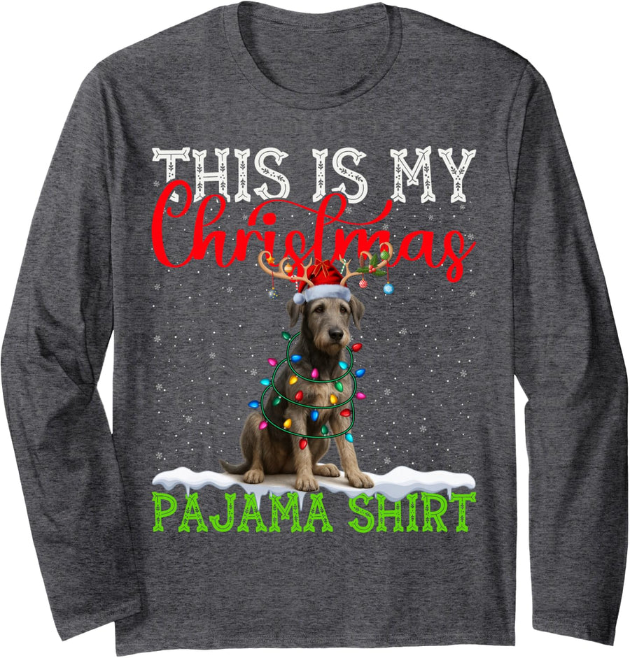 My Irish Wolfhound Ugly Christmas Lights Pajama Sweater Long Sleeve T-Shirt - Adult Unisex Dark Heather Grey