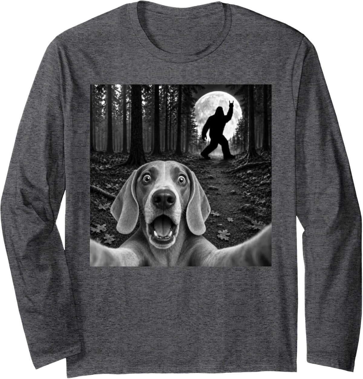 Weimaraner Selfie with Bigfoot Rock and Roll Dog Sasquatch Long Sleeve T-Shirt - Adult Unisex Dark Heather Grey