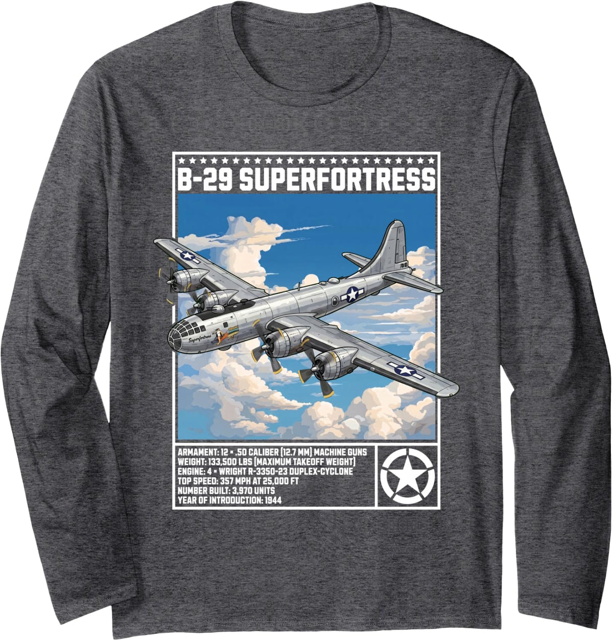 B-29 Superfortress WWII USAAF Heavy Bomber Nose Art Long Sleeve T-Shirt - Adult Unisex Dark Heather Grey