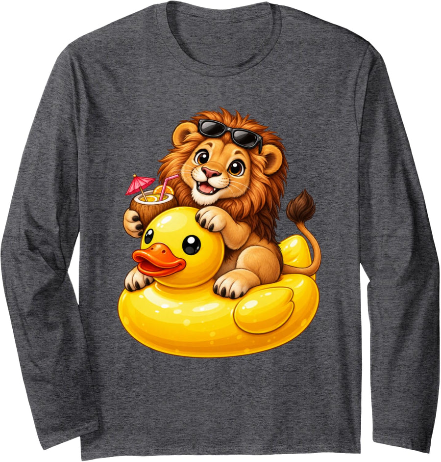 Cute Lion Rubber Duck Long Sleeve T-Shirt - Adult Unisex Dark Heather Grey