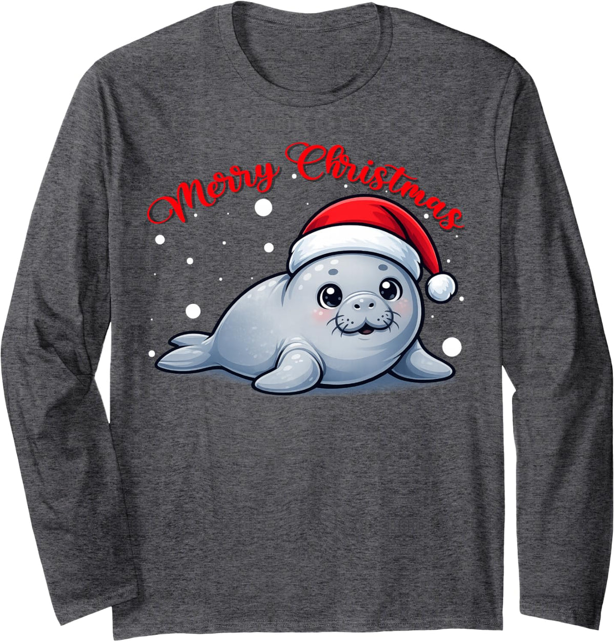 Merry Christmas Santa Hat Cute Manatee Ugly Xmas Sweaters Long Sleeve T-Shirt - Adult Unisex Dark Heather Grey