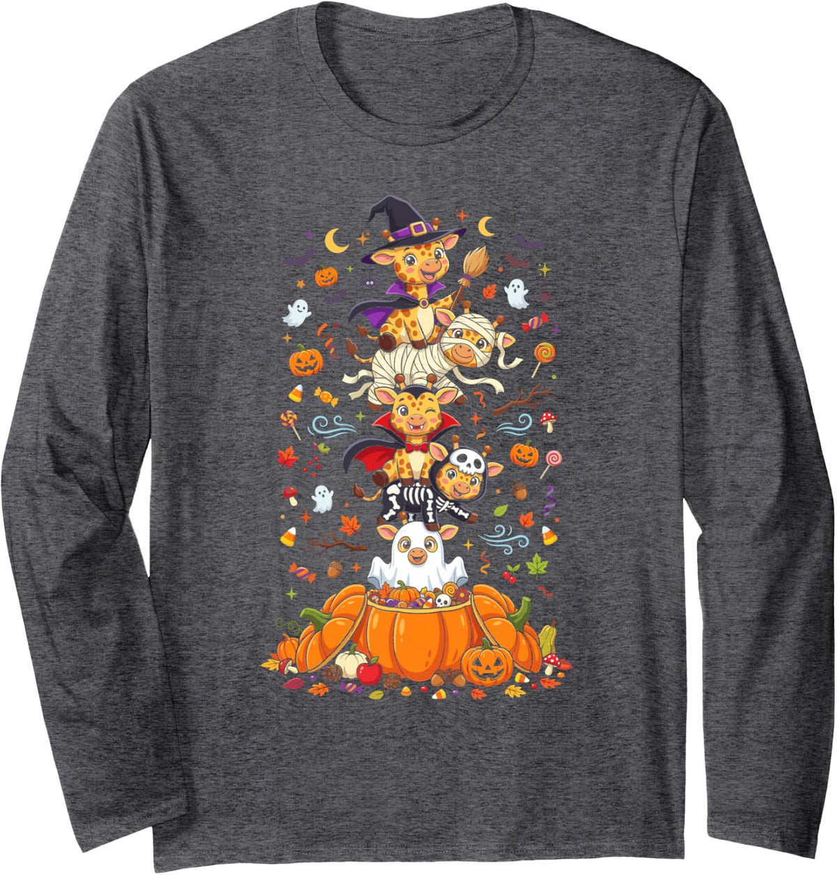 Giraffe Witch Vampire Ghost Halloween Kids Mens Womens Long Sleeve T-Shirt - Adult Unisex Dark Heather Grey