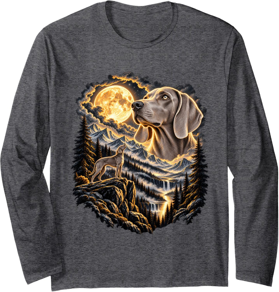 Weimaraner Dog Howling At Moon Mountain Wilderness Art Long Sleeve T-Shirt - Adult Unisex Dark Heather Grey