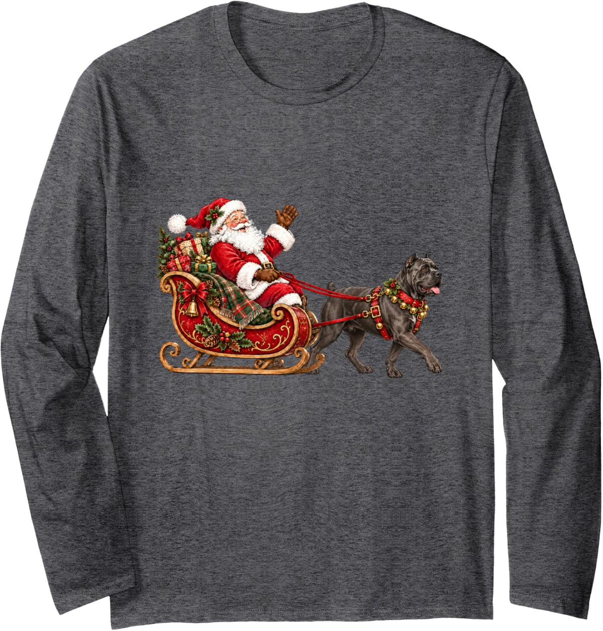 Cane Corso Christmas Santa Sleigh Holiday Dog Design Long Sleeve T-Shirt - Adult Unisex Dark Heather Grey