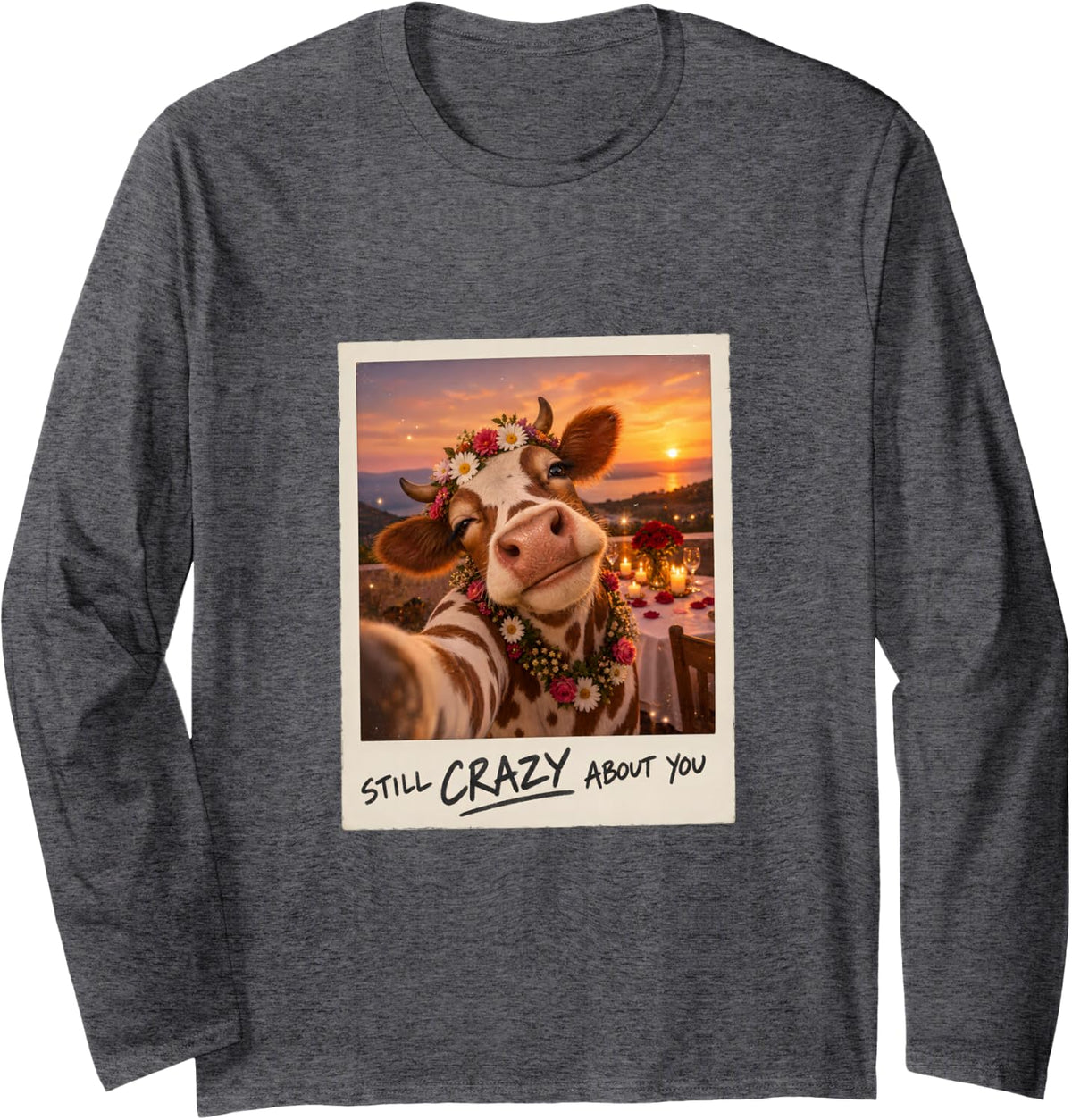 Still Crazy About You Spotted Cow Selfie Anniversary Long Sleeve T-Shirt - Adult Unisex Dark Heather Grey