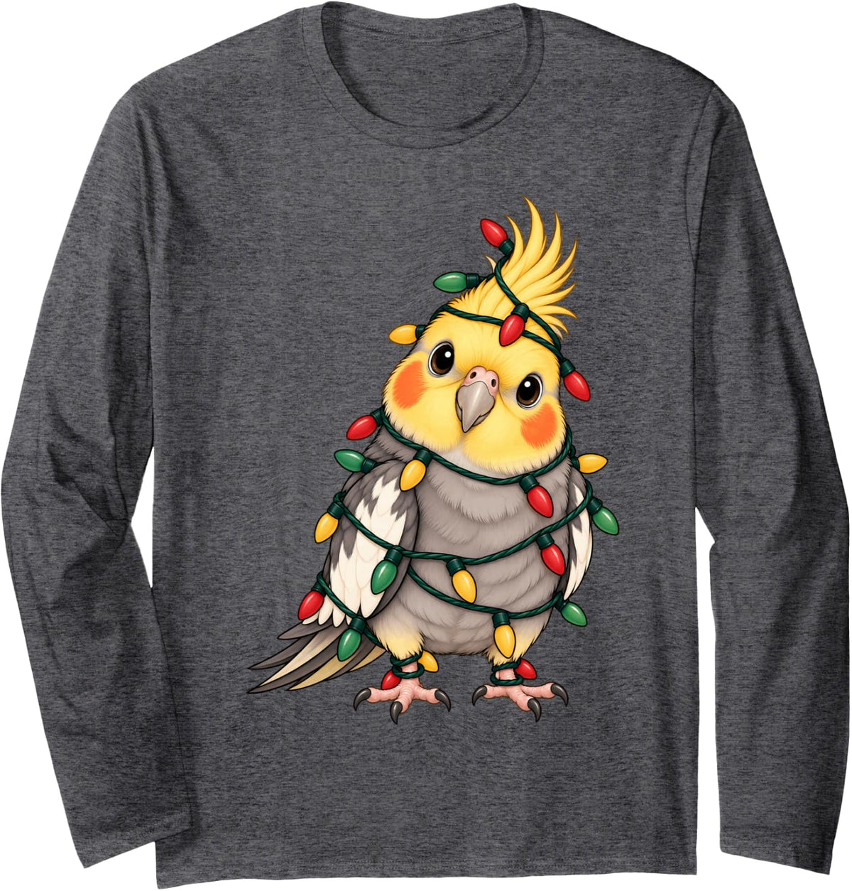 Cockatiel Christmas Lights Funny Xmas Holiday Bird Lovers Long Sleeve T-Shirt - Adult Unisex Dark Heather Grey