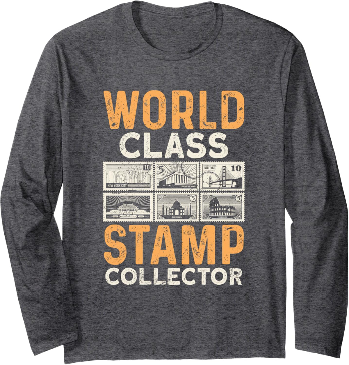 Philatelist Postal Stamp Postage Postcard Stamp Collecting Long Sleeve T-Shirt - Adult Unisex Dark Heather Grey