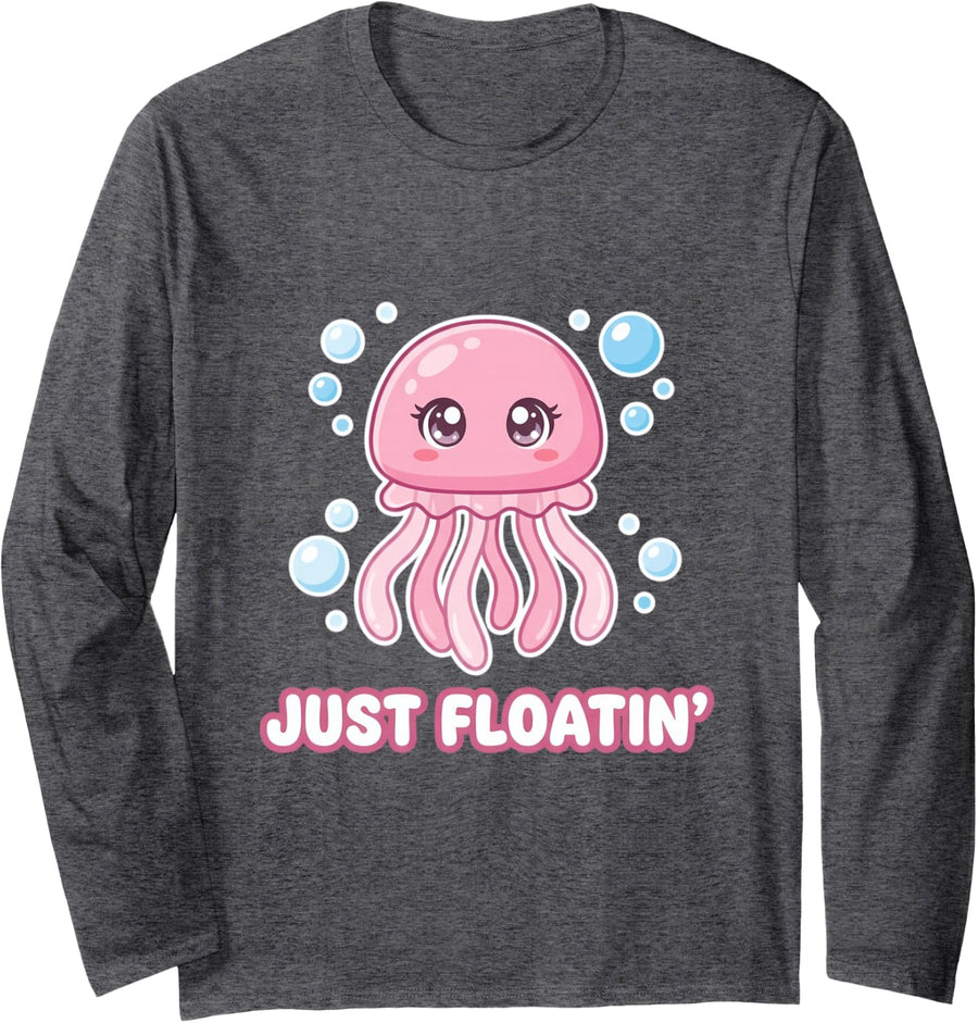 Jellyfish Just Floatin Cute Kawaii Oceancore Aesthetic Long Sleeve T-Shirt - Adult Unisex Dark Heather Grey