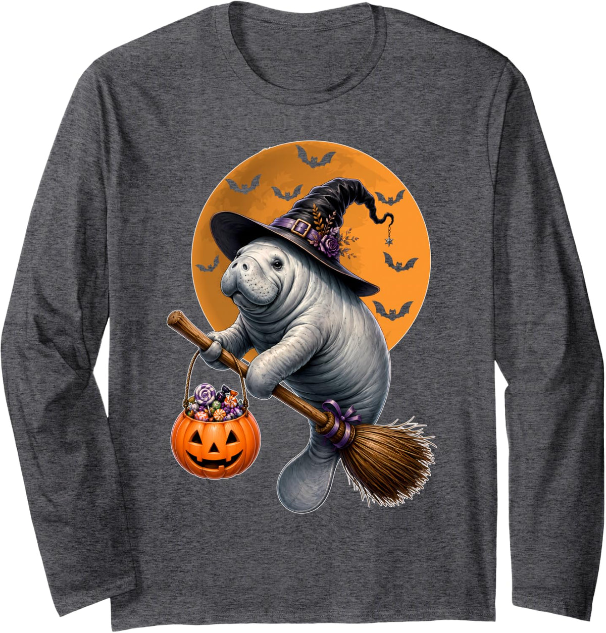 Halloween Costume Manatee Riding Broom Witch Men Women Kids Long Sleeve T-Shirt - Adult Unisex Dark Heather Grey