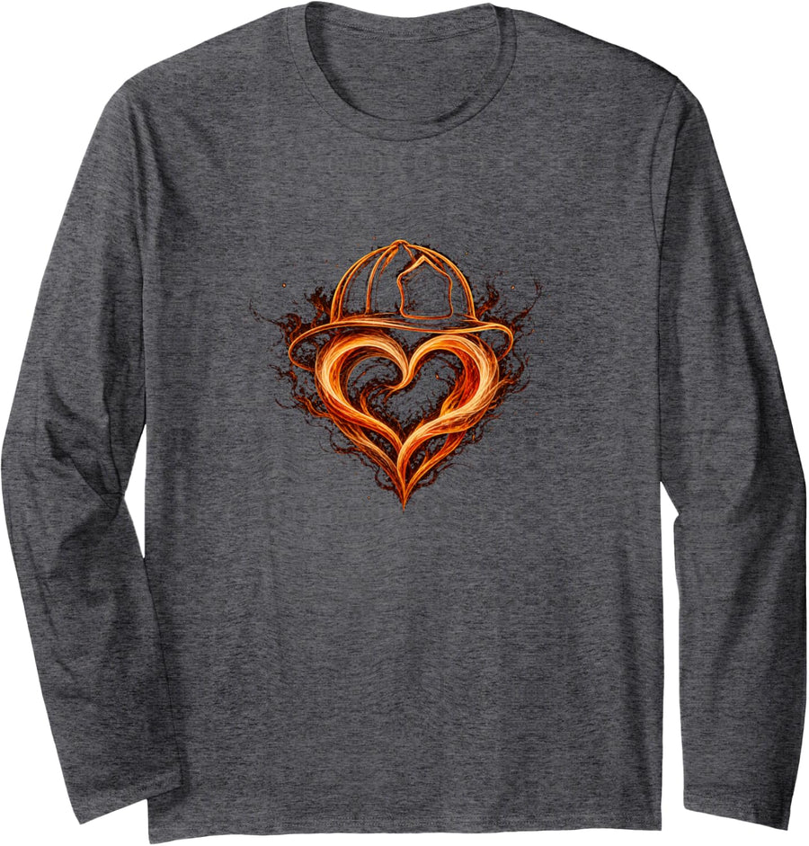 Firefighter Ember Heart Helmet Long Sleeve T-Shirt - Adult Unisex Dark Heather Grey