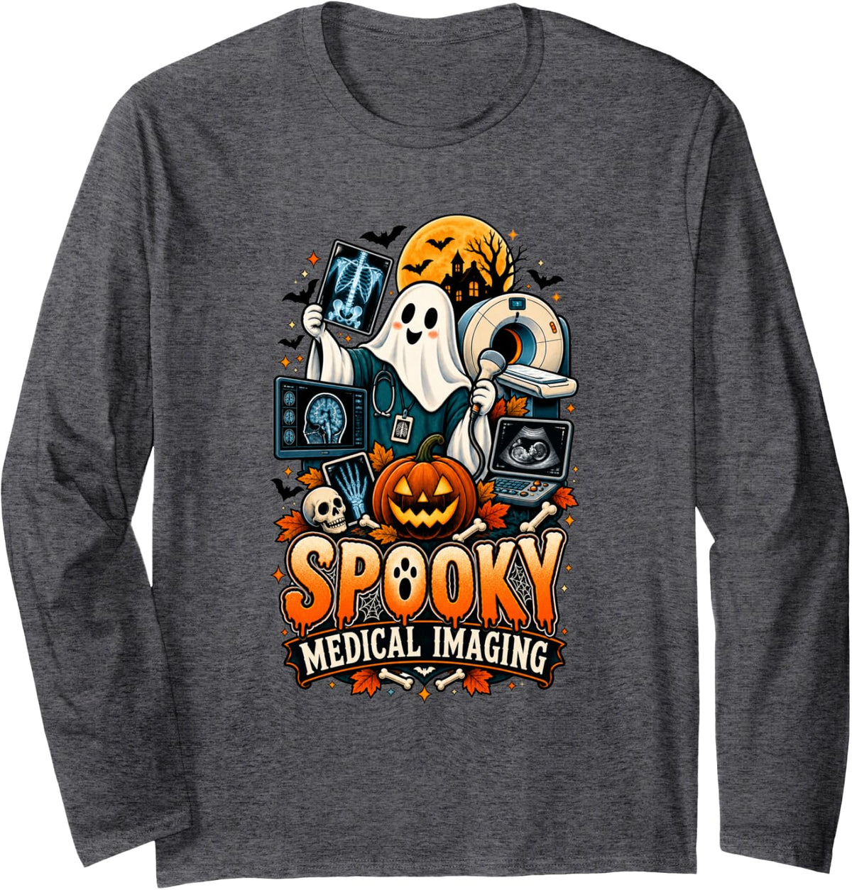 Spooky Medical Imaging Funny Halloween Radiology Long Sleeve T-Shirt - Adult Unisex Dark Heather Grey
