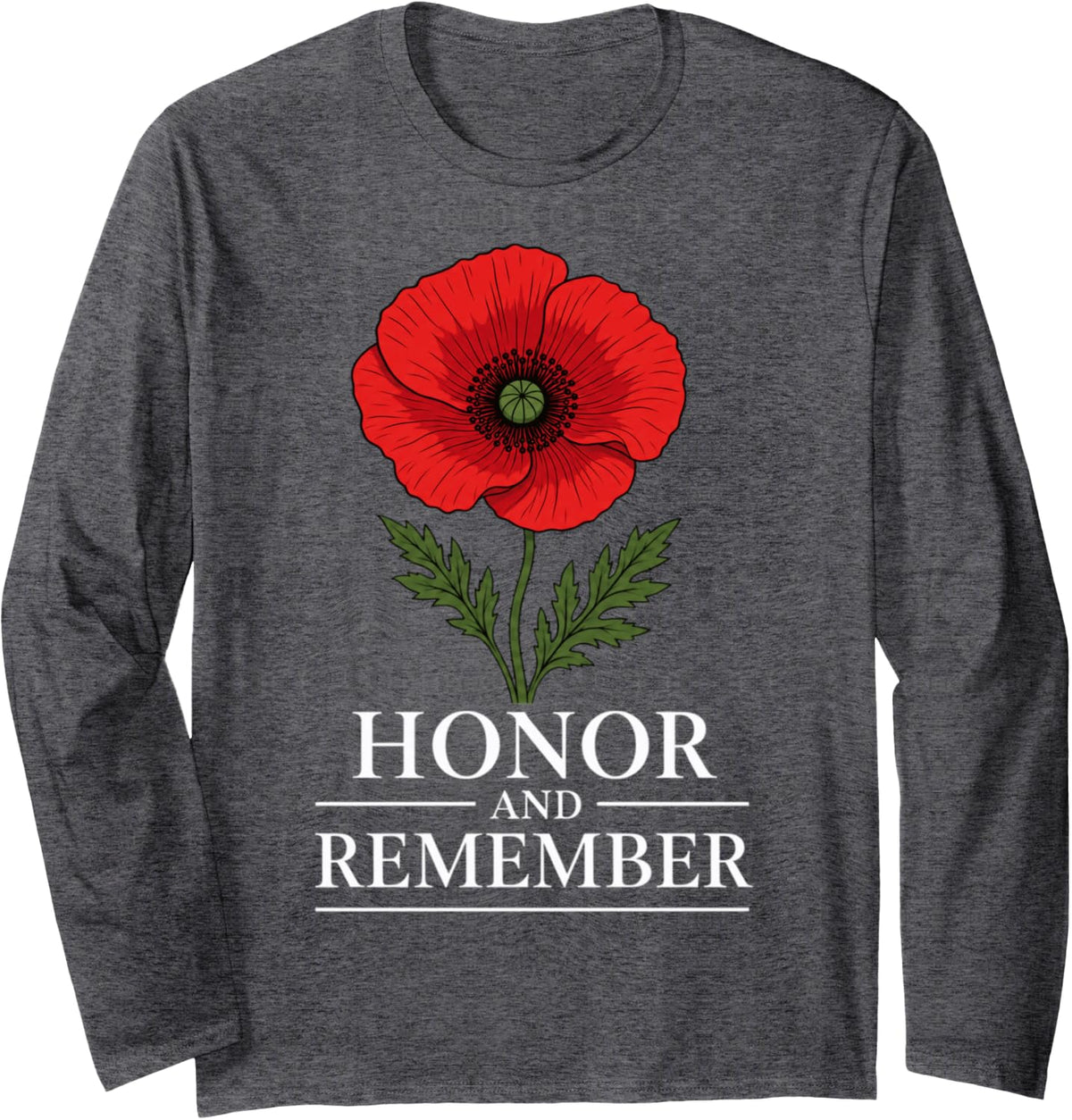 Honor Remember Memorial Day Vintage Poppy Flower Long Sleeve T-Shirt - Adult Unisex Dark Heather Grey
