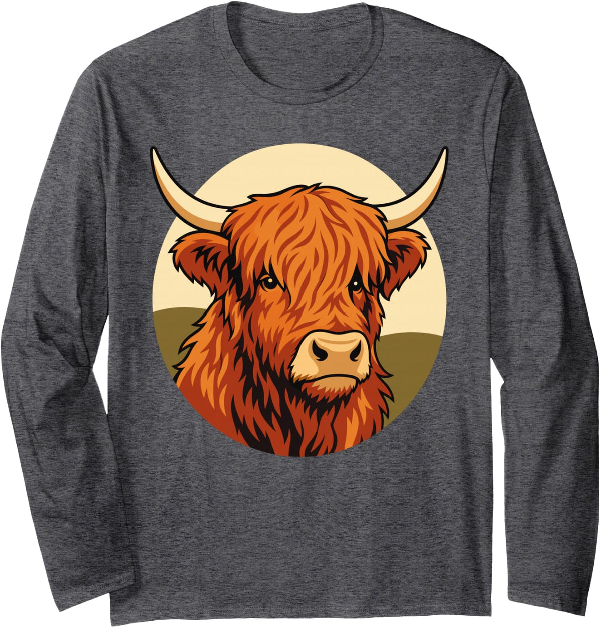 Highland Cow Retro Sun Cow Lover Long Sleeve T-Shirt - Adult Unisex Dark Heather Grey