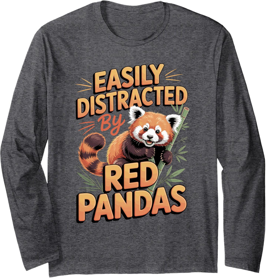 Easily Distracted by Red Pandas Wildlife Animal Long Sleeve T-Shirt - Adult Unisex Dark Heather Grey