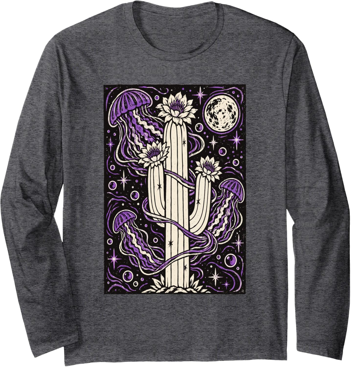 Cosmic Cactus Jellyfish Lotus Long Sleeve T-Shirt - Adult Unisex Dark Heather Grey