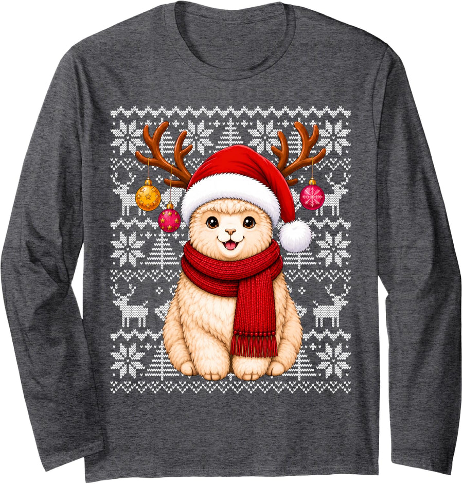 Llama Xmas Ugly Sweaters Festive Santa Alpaca Christmas Long Sleeve T-Shirt - Adult Unisex Dark Heather Grey