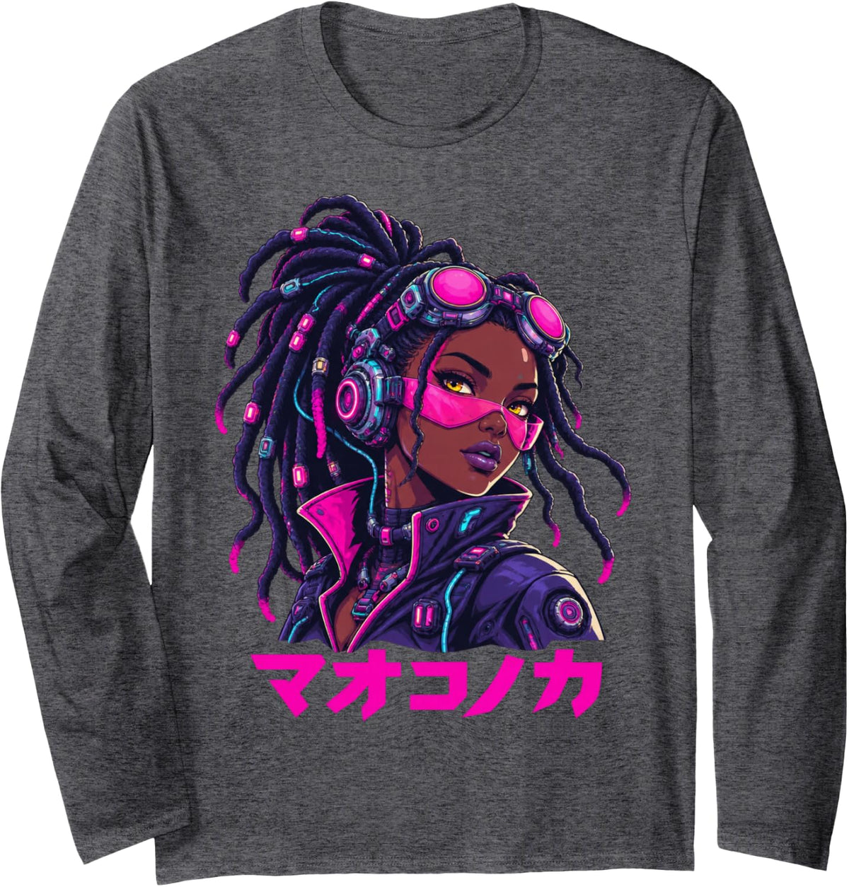 Cyberpunk Anime Black Girl Futuristic Sci-Fi Portrait Long Sleeve T-Shirt - Adult Unisex Dark Heather Grey