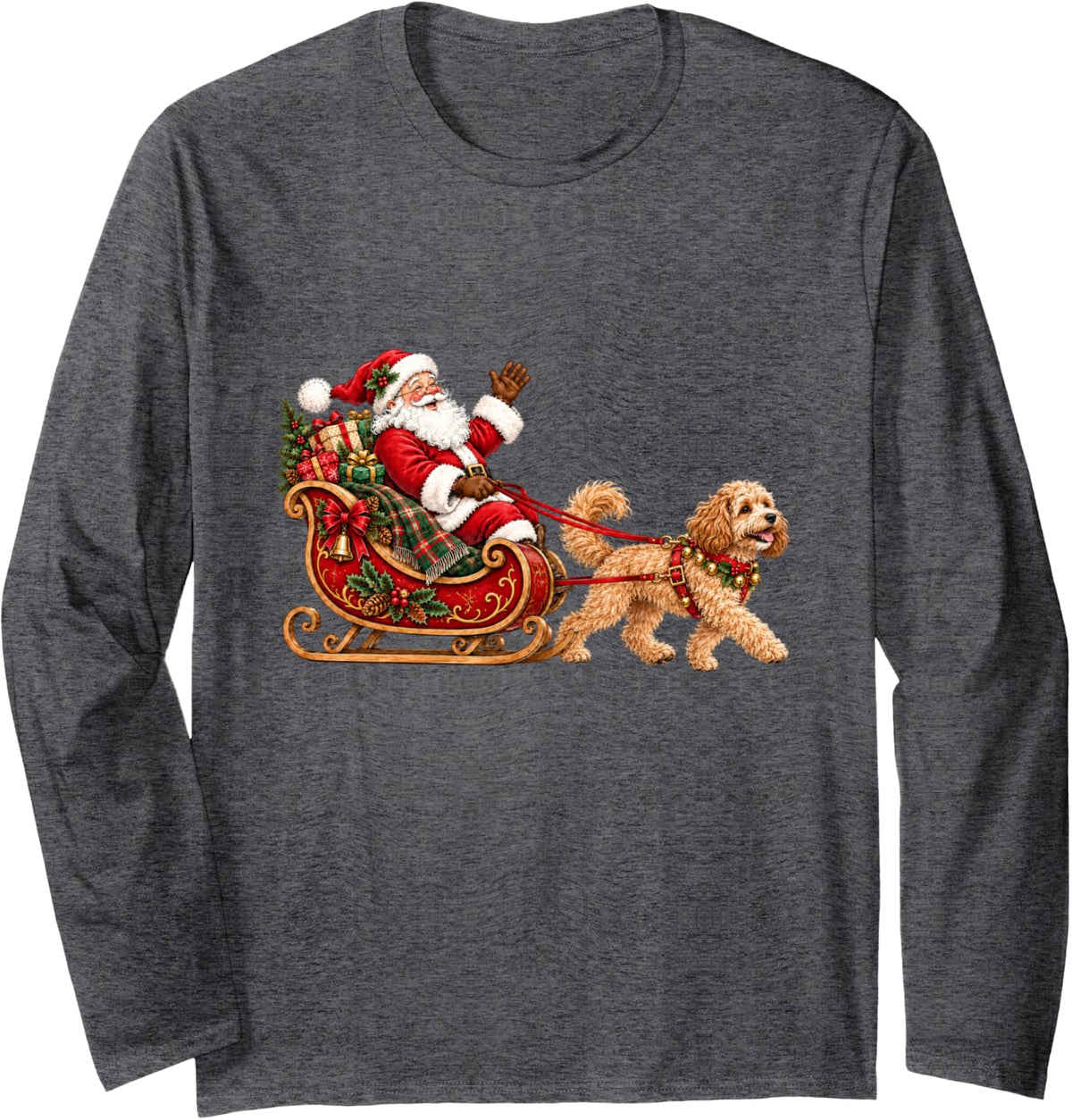 Cavapoo Christmas Santa Sleigh Holiday Dog Design Long Sleeve T-Shirt - Adult Unisex Dark Heather Grey
