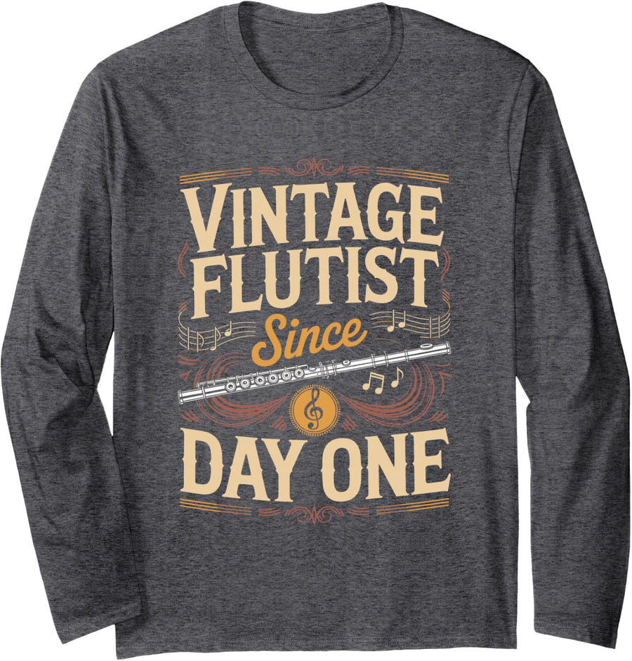 Vintage Flutist Since Day One Flute Band Long Sleeve T-Shirt - Adult Unisex Dark Heather Grey