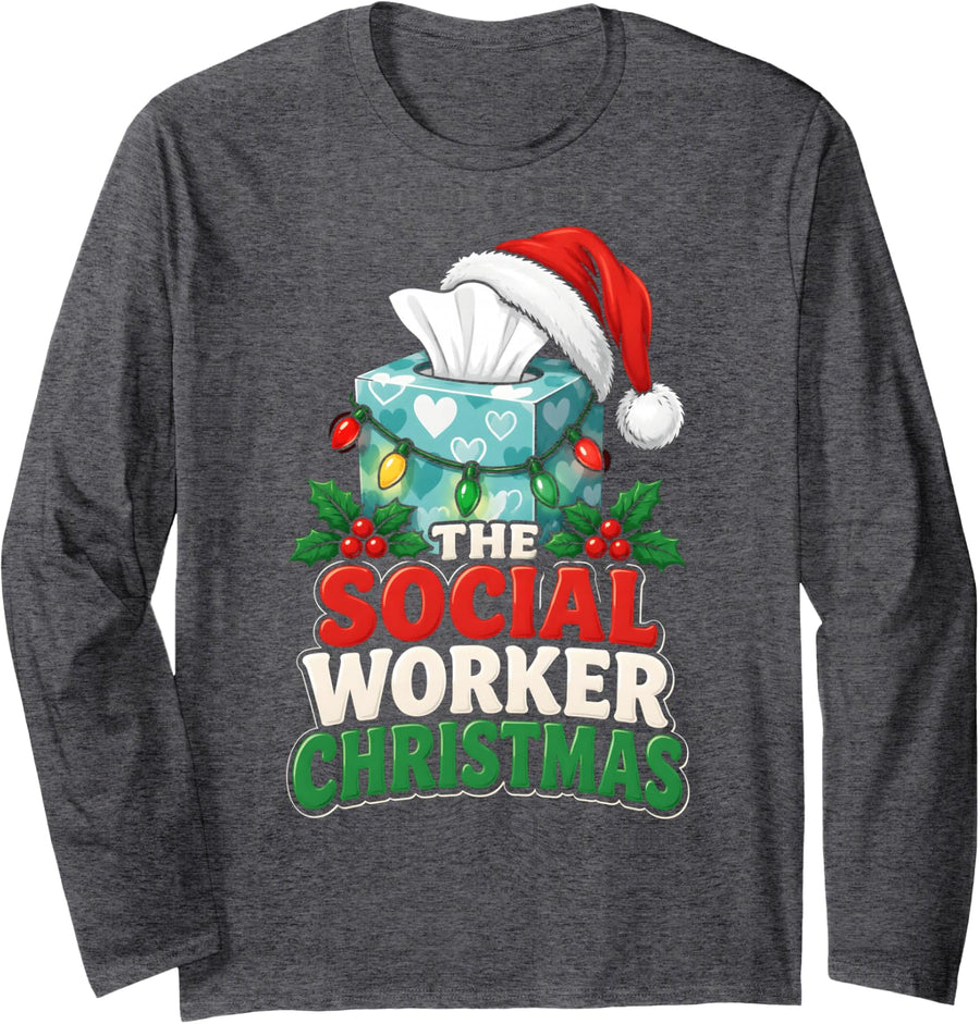 The Caseworker Christmas Tissue Box Santa Hat Holiday Long Sleeve T-Shirt - Adult Unisex Dark Heather Grey