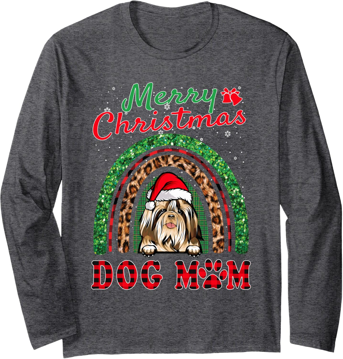 Shih Tzu Christmas Santa Hat Dog Mom Boho Rainbow Xmas Long Sleeve T-Shirt - Adult Unisex Dark Heather Grey