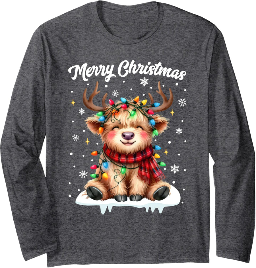 Christmas Pajamas Men Women Kids Christmas Highland Cow Long Sleeve T-Shirt - Adult Unisex Dark Heather Grey