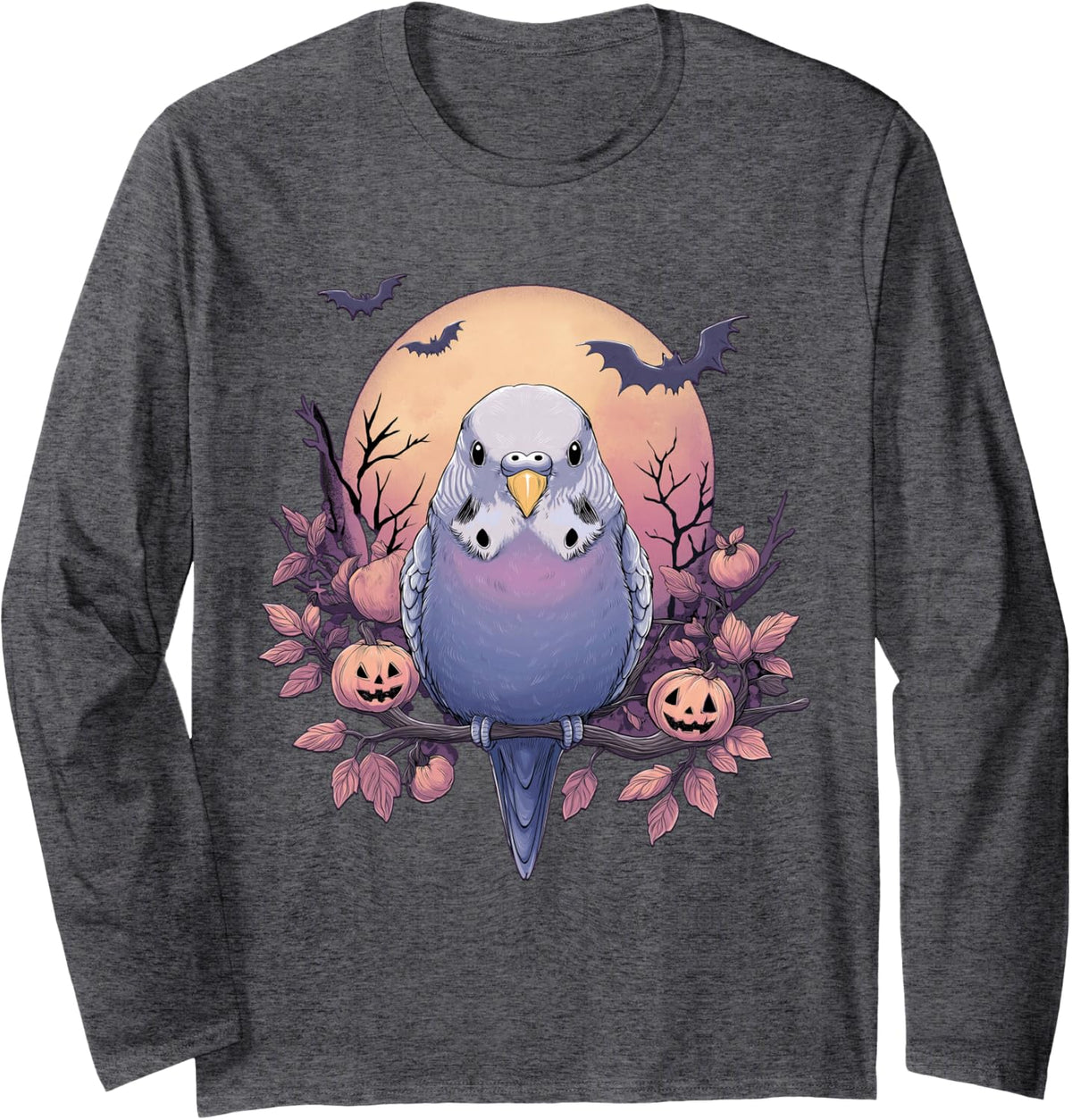 Funny Budgie Halloween Long Sleeve T-Shirt - Adult Unisex Dark Heather Grey