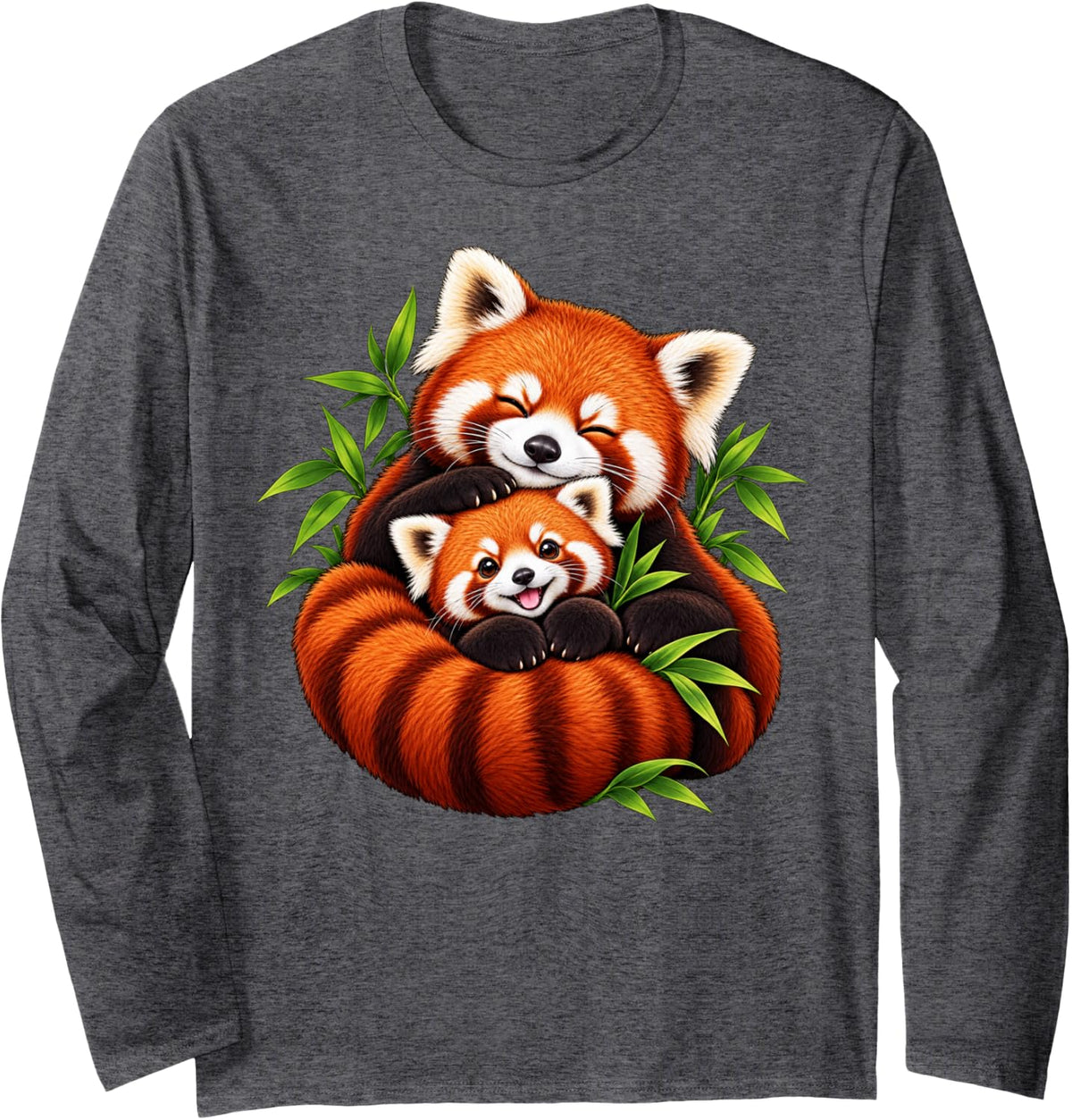 Red Panda Mother Hugging Cub in Bamboo Forest Animal Art Long Sleeve T-Shirt - Adult Unisex Dark Heather Grey