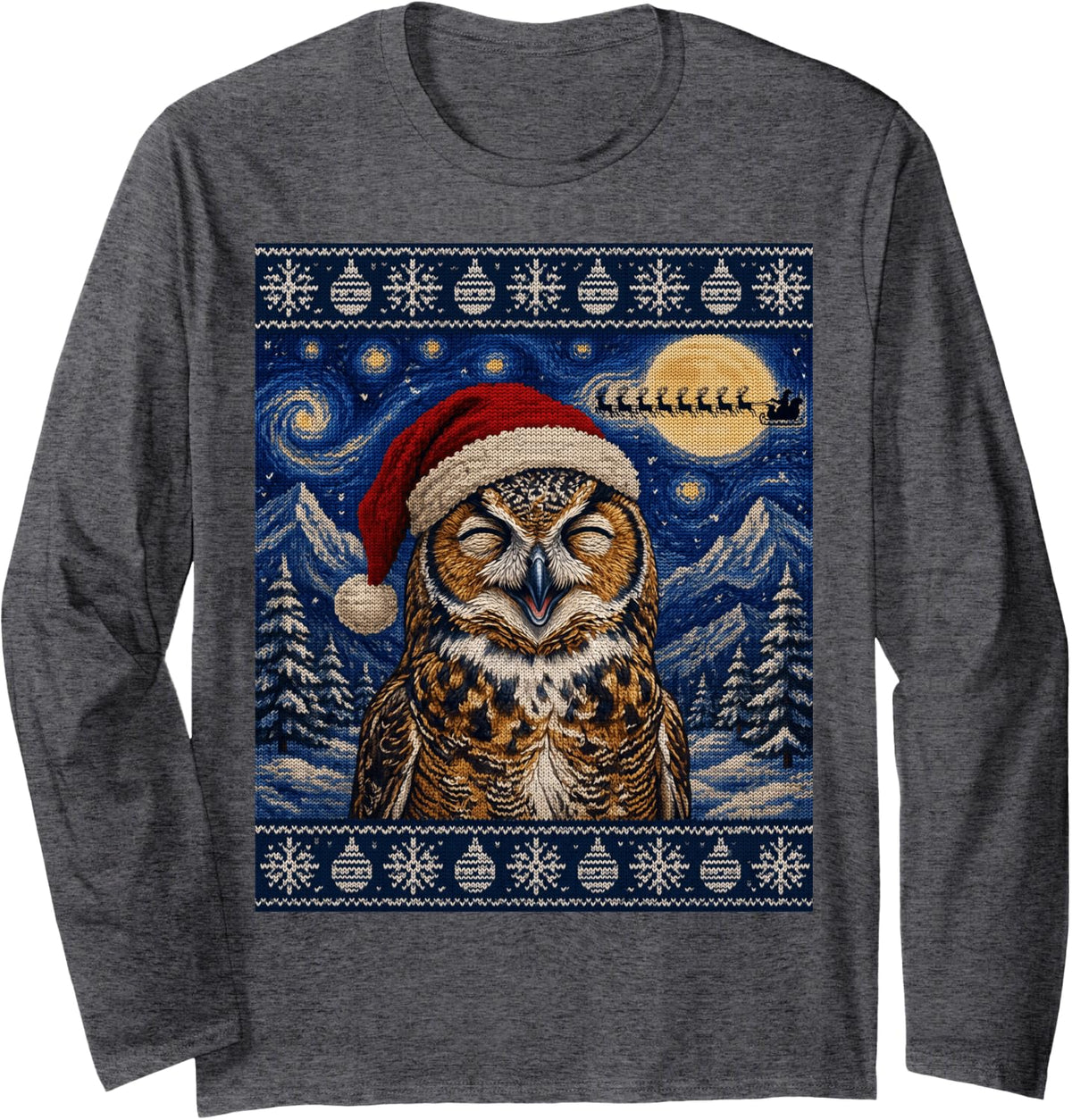 Great Horned Owl Santa Ugly Christmas Long Sleeve T-Shirt - Adult Unisex Dark Heather Grey