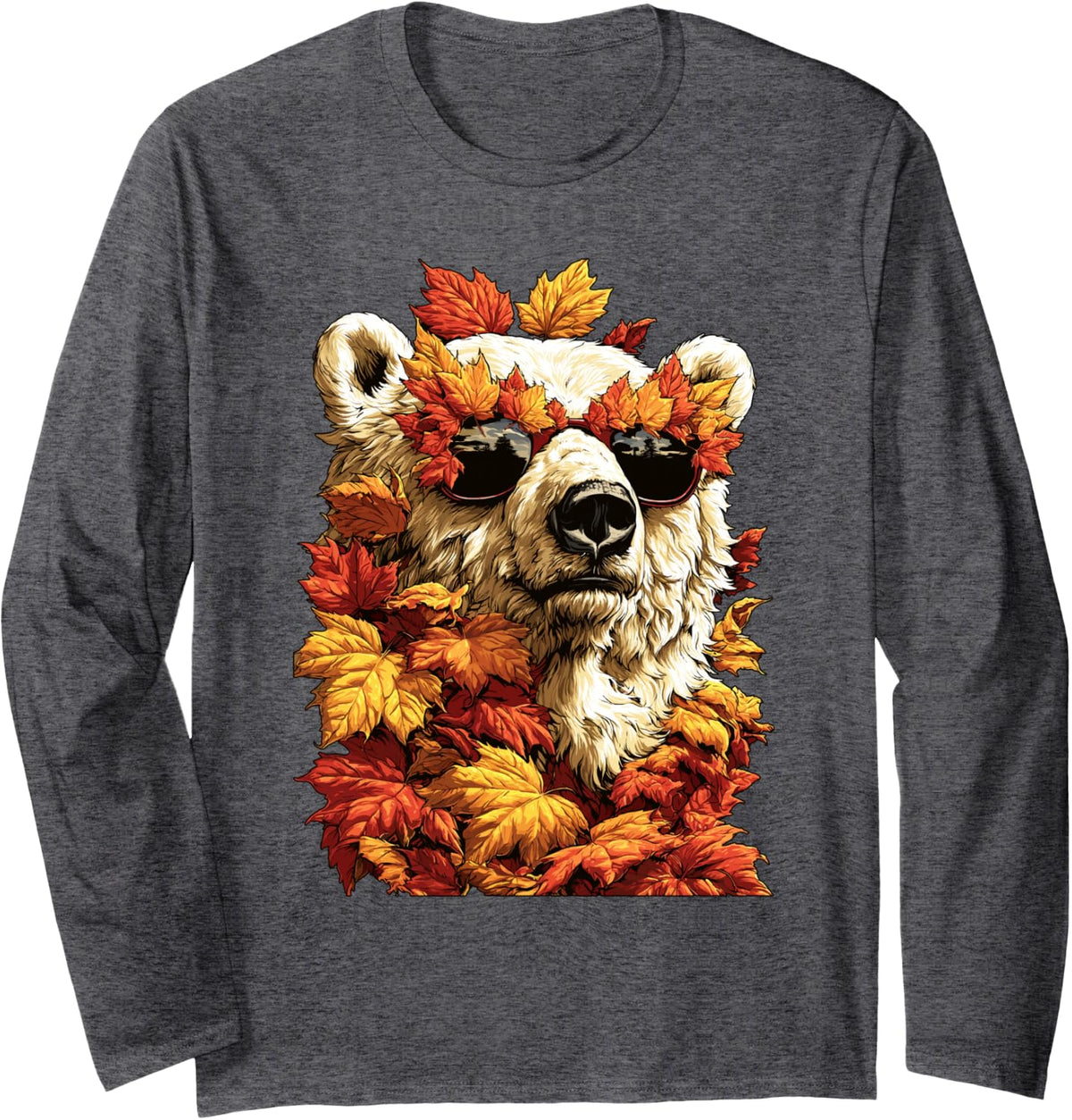Fall Polar Bear with Sunglasses Autumn Leaves Forest Animal Long Sleeve T-Shirt - Adult Unisex Dark Heather Grey
