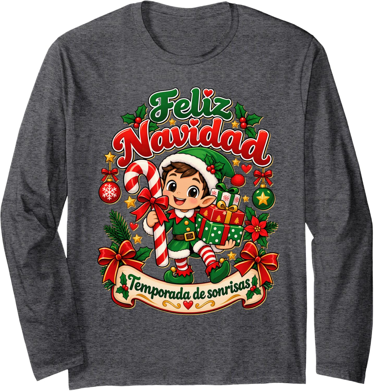 Feliz Navidad Spanish Christmas Cute Elf Boy Long Sleeve T-Shirt - Adult Unisex Dark Heather Grey