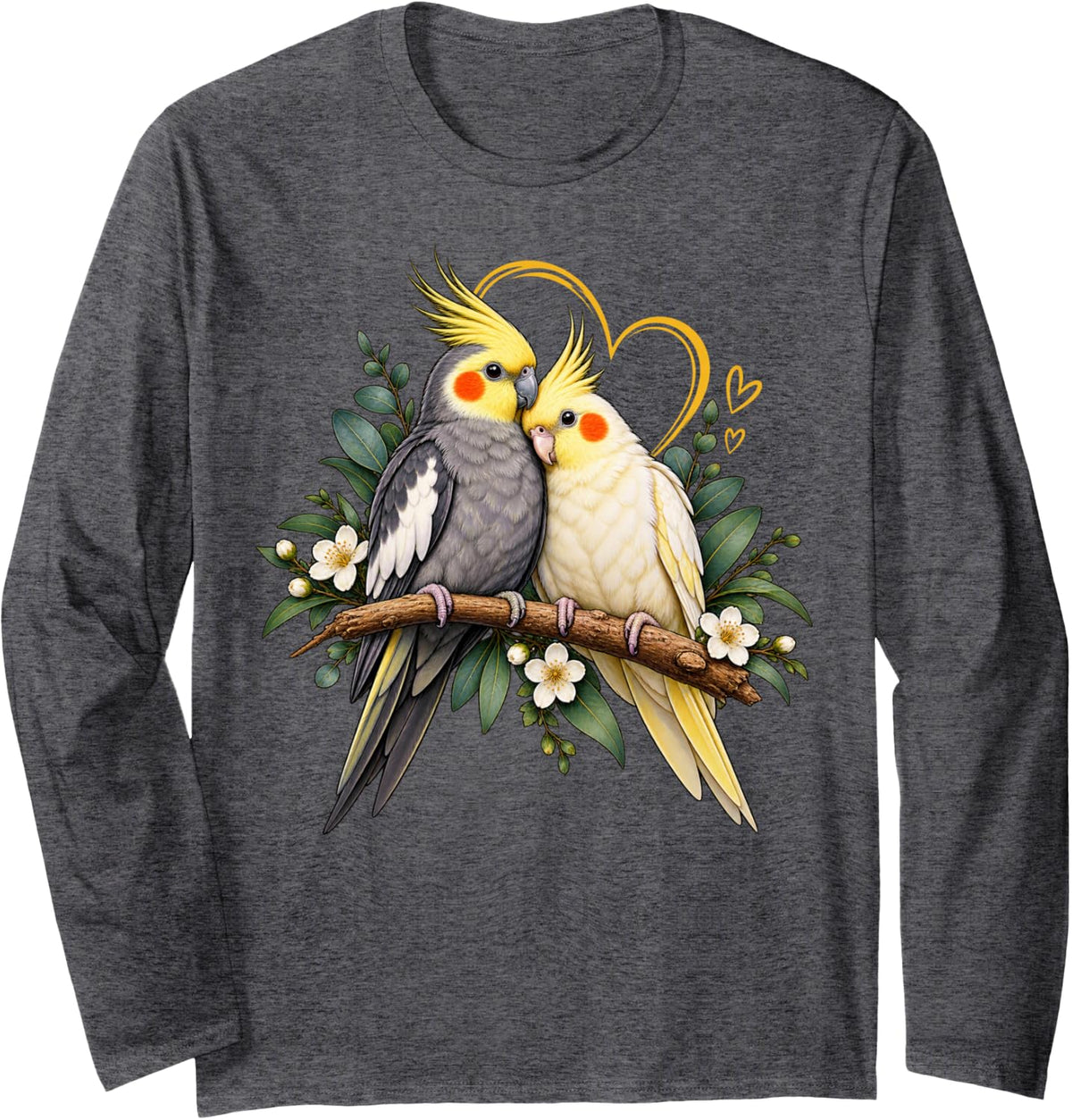 Cockatiel Couple On Branch with Flowers Bird Lovers Art Long Sleeve T-Shirt - Adult Unisex Dark Heather Grey