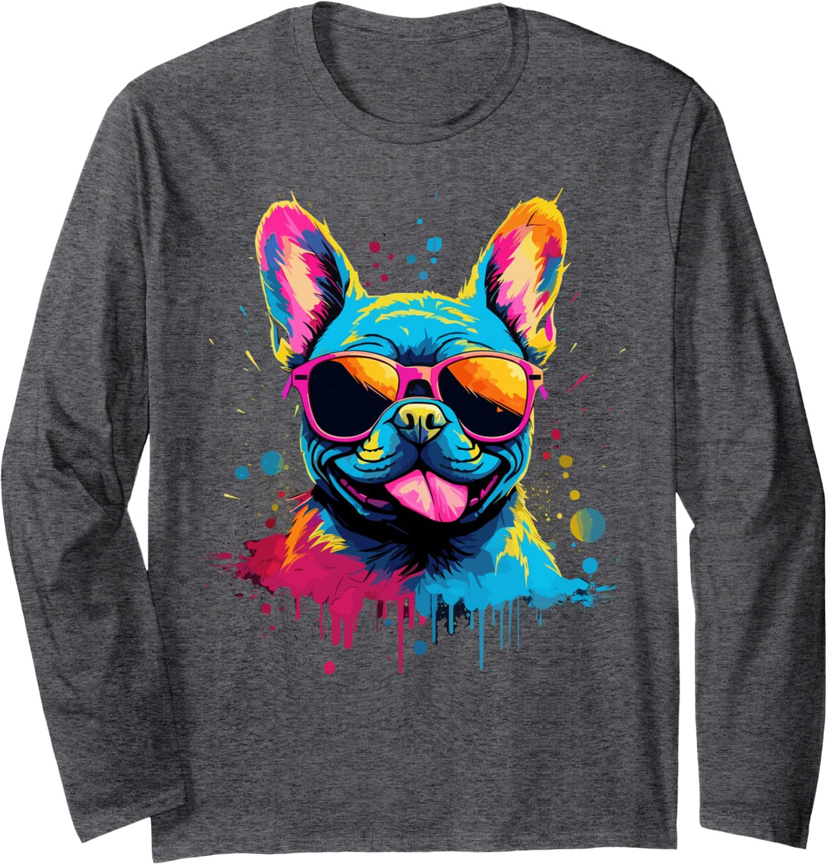 Watercolour French Bulldog Long Sleeve T-Shirt - Adult Unisex Dark Heather Grey