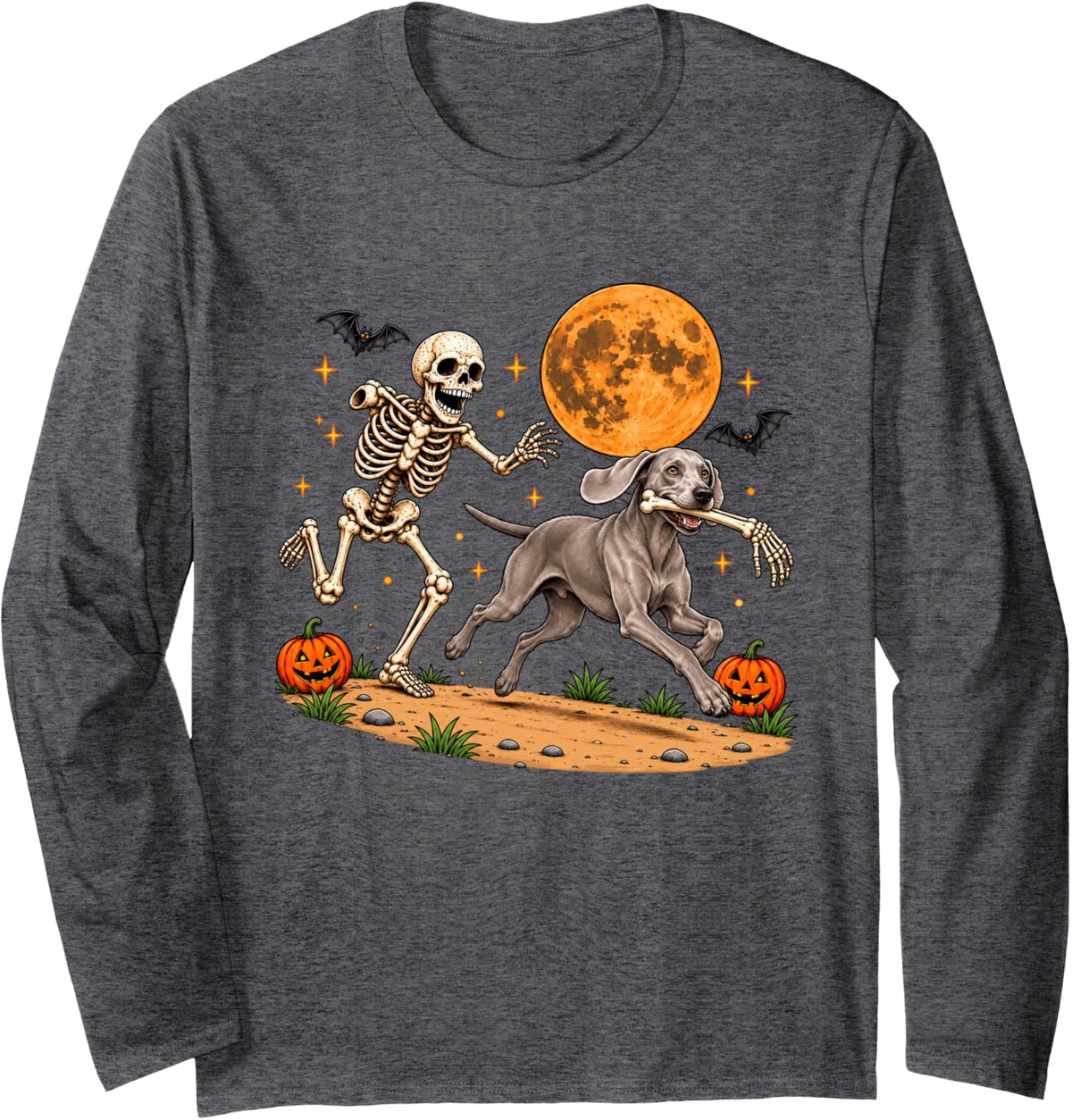 Funny Skeleton Chasing Weimaraner Halloween Dog Mom Pet Long Sleeve T-Shirt - Adult Unisex Dark Heather Grey