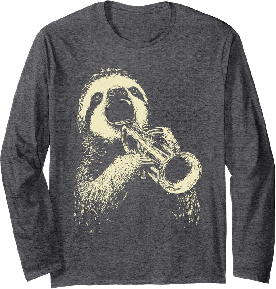 Cute Sloth Playing Trumpet Funny Musician Animal Trumpeter Long Sleeve T-Shirt - Adult Unisex Dark Heather Grey