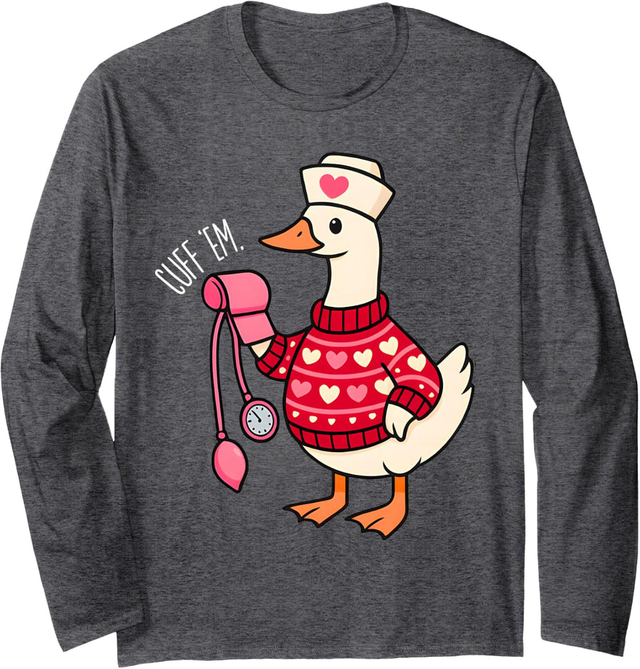 Silly Valentine Goose Nurse ER CNA LPN Valentines Day Long Sleeve T-Shirt - Adult Unisex Dark Heather Grey